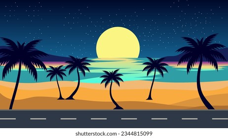 
vector illustration of a beach scene at night