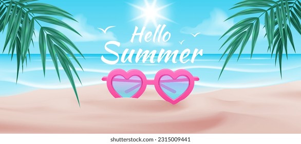 Vektorgrafik einer Strandszene mit einer herzförmigen Sonnenbrille, einer Brille und einer Palme. Für Karten, Poster, Banner und andere Designs. Ideal für Sommerferien. Hallo Sommer