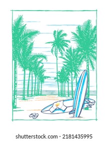 Vector illustration of beach scene with surfboard. Art made by hand in free and uncluttered strokes.