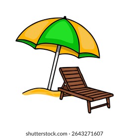 Vector illustration of a beach scene with a yellow and green beach umbrella providing shade over a brown wooden deck chair on the sand.