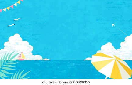 Vector illustration of beach with sea and blue sky.