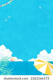 Vector illustration of beach with sea and blue sky.