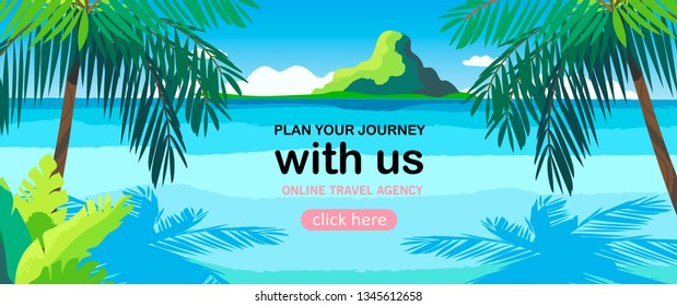 Vector illustration of a beach and a sea coast landscape. Creative banner or landing page for tour operator or travel agency. Summer theme background.