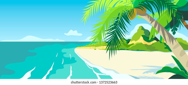 Vector illustration of a beach and a sea coast landscape. Creative banner, flyer, blog post or landing page for tour operator or travel agency. Summer theme background or wallpaper.