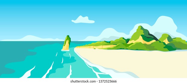 Vector illustration of a beach and a sea coast landscape. Creative banner, flyer, blog post or landing page for tour operator or travel agency. Summer theme background or wallpaper.