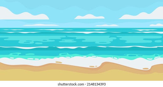 Vector illustration of a beach and a sea coast landscape with sea or ocean waves and golden sand. Creative summer banner or landing page for tour operator or travel agency. Summer theme background.