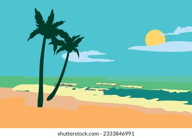 Vector illustration of a beach and a sea coast landscape. Creative banner or landing page for tour operator or travel agency. Summer theme background.