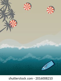 vector illustration beach, sea, sea vacation, palm trees on the beach, sunbathing, umbrellas on the beach	