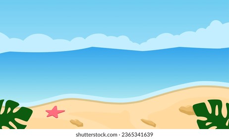 Vector illustration of beach with seascape. Beach with blue sea and clear sky. Beach landscape for background, wallpaper or landing page