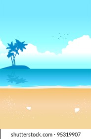 Vector illustration of the beach with small island with palm trees on it