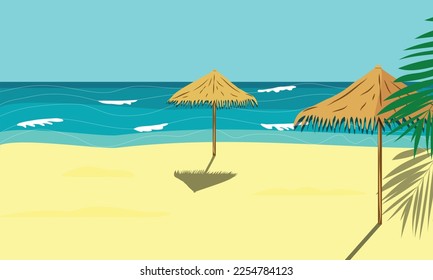 Vector illustration beach with straw umbrellas palm trees. Bright sunlight sand ocean waves. Traveling summer family seaside vacation concept