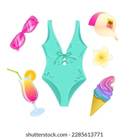 Vector illustration of beach summer accessories. Swimsuit, sunglasses, ice cream, baseball cap, cocktail 