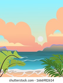 Dibujo vectorial de la playa.Paisaje de verano.