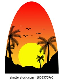 Vector illustration of a beach sunset, four palm trees on a mountain, the sun at sunset behind the mountains and birds in the sky