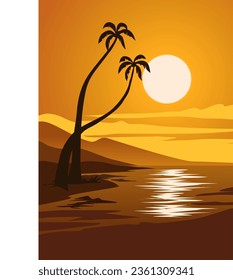 Ilustración vectorial del paisaje de la puesta de sol en la playa 