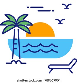 Vector illustration of beach sunset with palm or coconut tree. Summer holiday concept icon. 