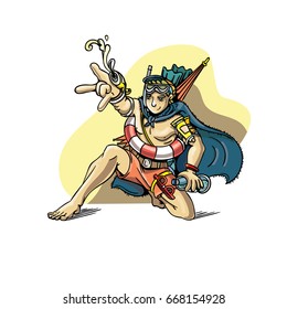 Vector illustration of a beach superhero. Summer super hero character. Cartoon funny character.
