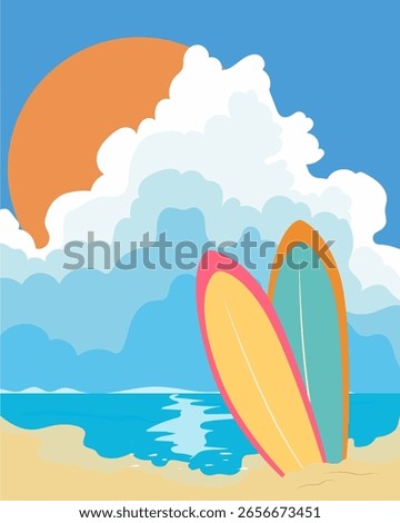 vector illustration of a beach with a surfboard, SUNSET OVER THE OCEAN, large hammocks and surfboards stand on the sand, greeting card, place for inscription, large summer poster