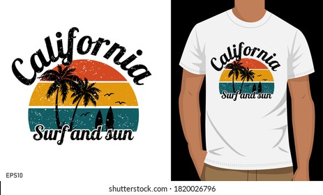 vector illustration of  beach t shirt, California beach  white t-shirt vector vintage colorful illustration