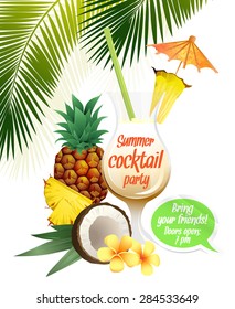 Vector illustration Beach tropical cocktail pina colada with garnish and pineapple colorful poster