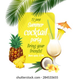 Vector illustration Beach tropical cocktail pina colada with garnish and pineapple colorful poster