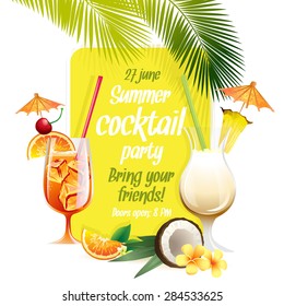 Vector illustration Beach tropical cocktails bahama mama and pina colada with garnish colorful poster