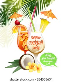 Vector illustration Beach tropical cocktails bahama mama and pina colada with garnish colorful poster