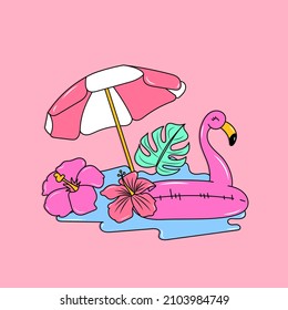 VECTOR ILLUSTRATION OF A BEACH WITH TROPICAL FLOWERS AND A FLAMINGO BIRD SHAPED FLOAT, SLOGAN PRINT