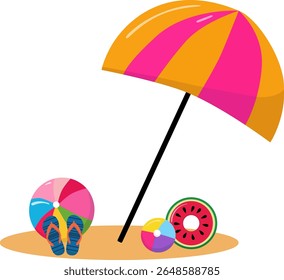 Vector illustration with beach umbrella, colorful beach balls, flip-flops, swimming ring lying on sand.