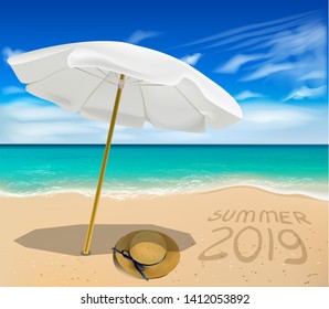 
Vector illustration of a beach umbrella on the background of the sea. Vector image of summer vacation attributes.