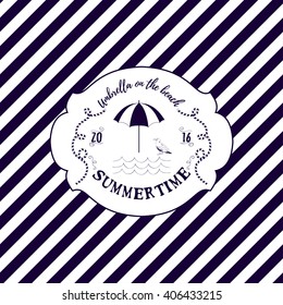 Vector illustration with beach, umbrella and seagull on diagonal striped backdrop. Title "Summertime".