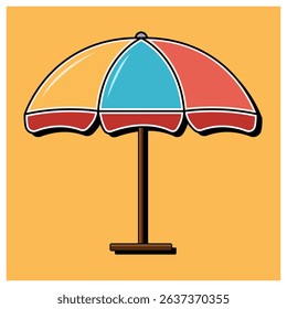 A vector illustration of a beach umbrella set against a bright yellow background.
