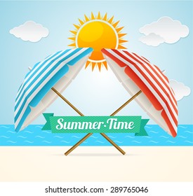 Vector illustration Beach Umbrella Summer Card. The concept of a happy holiday