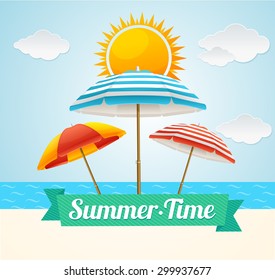 Vector illustration Beach Umbrella Summer Card. The concept of a family holiday by the sea