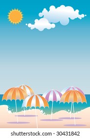 Vector illustration of beach umbrellas on the sea. Seascape design with copy space.
