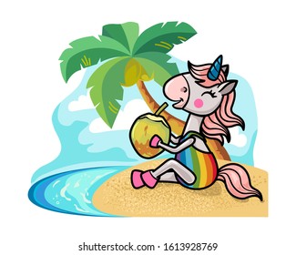 Vector illustration of a beach vacation. Cartoon character cute unicorn in a rainbow swimsuit sitting on a sandy beach with a coconut in his hands. Horizontal postcard of summer holidays at sea, ocean