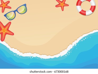 Vector illustration beach view with sun glasses, sea stars, buoy and free space for text or logo, design template