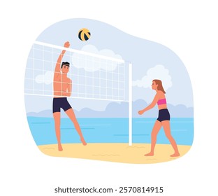 Vector illustration of beach volleyball. Cartoon scene of a boy and a girl dressed in swimsuits throwing a ball over a net and hitting a ball, isolated on white background. Active leisure.Rest at sea.