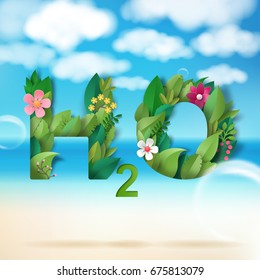 Vector illustration with beach, water, clouds and inscription Water H2O. 