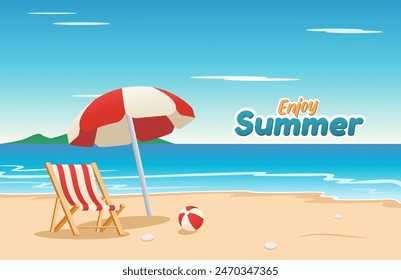 Vector illustration of beach with, a red umbrella, red beach wooden deck chair, and a red beach ball. enjoy the summer text on the right side. summer vacation at the beach.