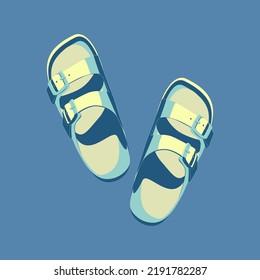 Vector illustration with beach yellow  flip flops on a blue background in flat technique 