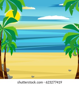 Vector illustration of a beach.Cartoon background with beach, palms and sea. Concept of summer vacation.