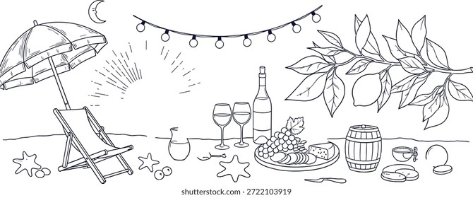 Vector illustration of beachside picnic scene with wine, food, and festive decorVector illustration of beachside picnic scene with wine, food, and festive decor