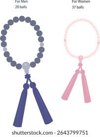 Vector illustration of beads and nenju with the correct number of beads for men and women