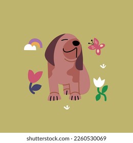 Vector illustration with beagle, flowers and butterflies. Printing in bright colors.