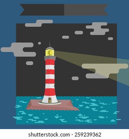 Vector illustration. Beam from the lighthouse in the night. 