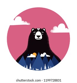 Vector illustration with bear animal, pink circle, purple mountains, fox silhouette, sun, pine trees