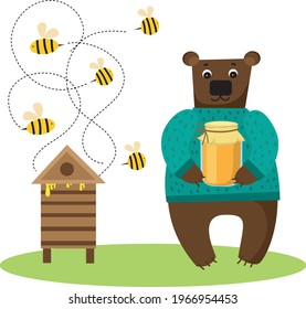 Vector Ilustración del oso beekeeper con miel Pot , Abejas Cute Cartoon vector imagen.