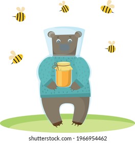 Vector Illustration Bear Beekeeper with Honey Pot  Cute Cartoon vector Image.
