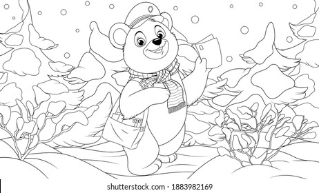 Ilustración vectorial, el oso transporta el correo en navidad, colorido